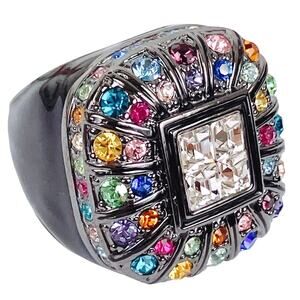 Y2K Princess Amanda Borghese Cocktail Ring Rainbow Rhinestones Gunmetal Size 7